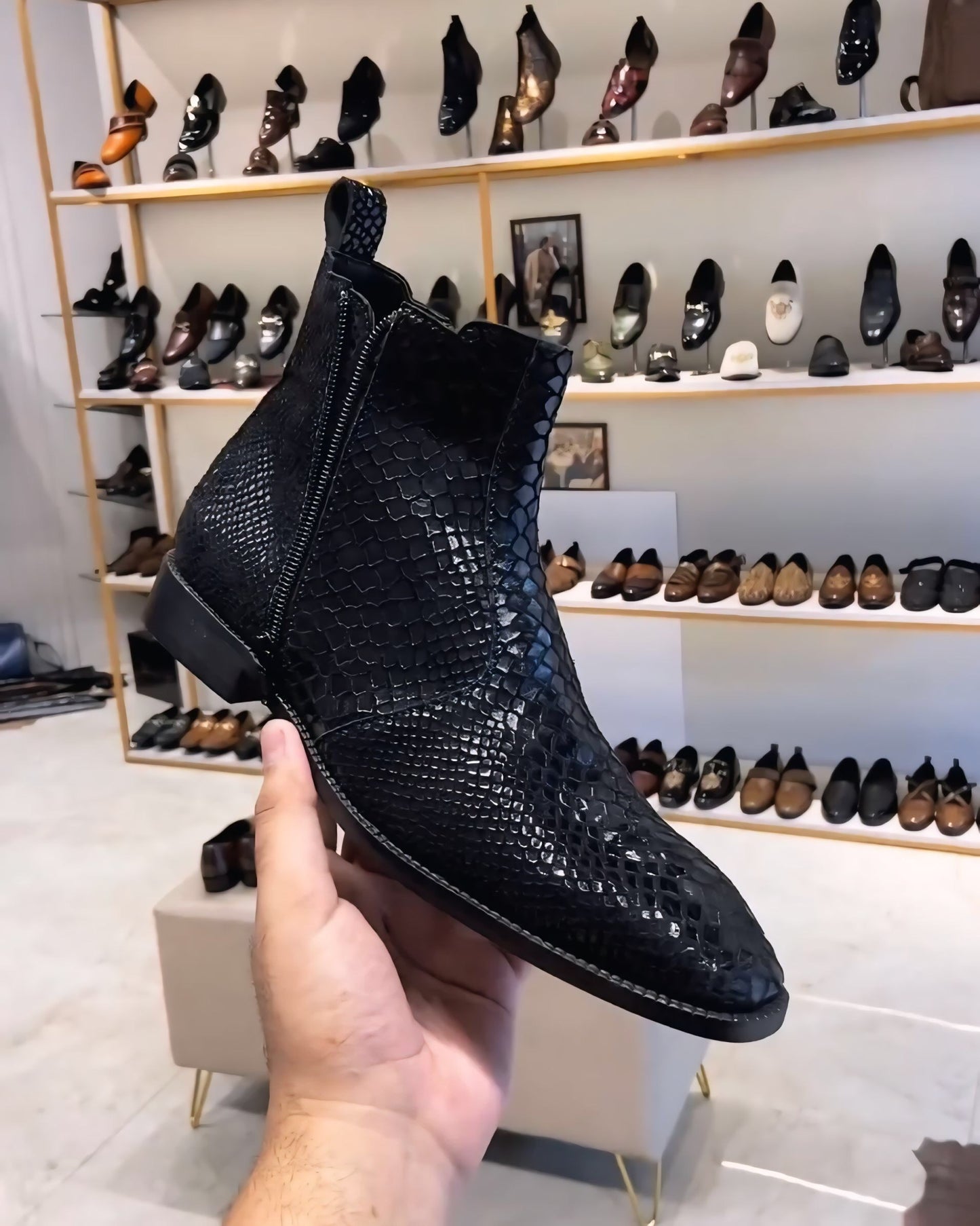 Black Signature Snake Foil Zipper Boots