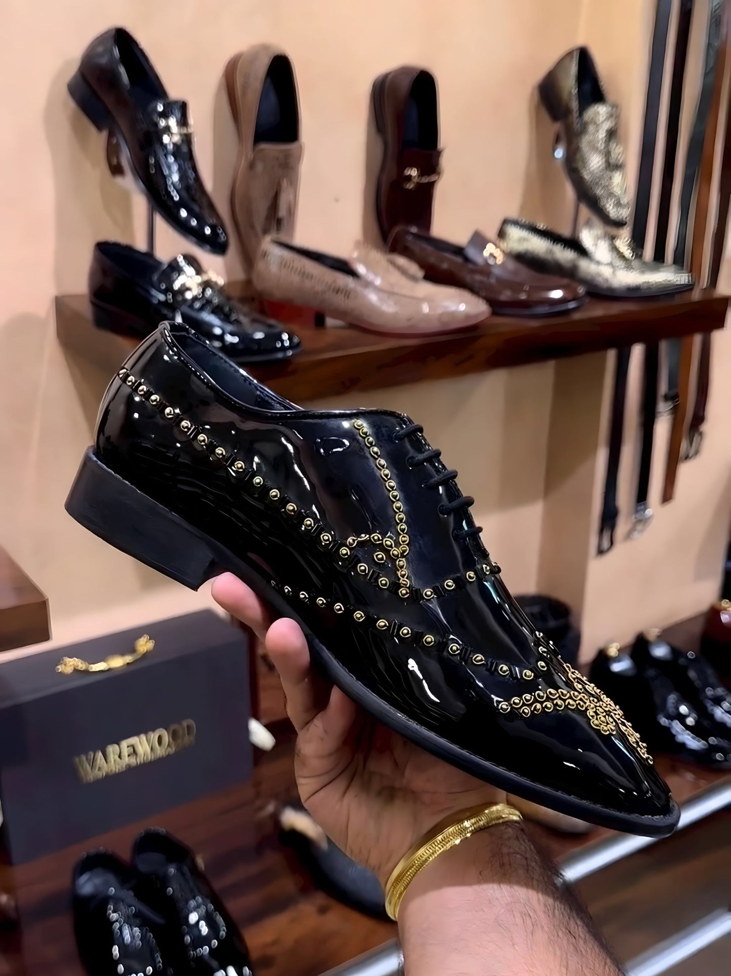 Black Patent Gold Embroidery Oxfords