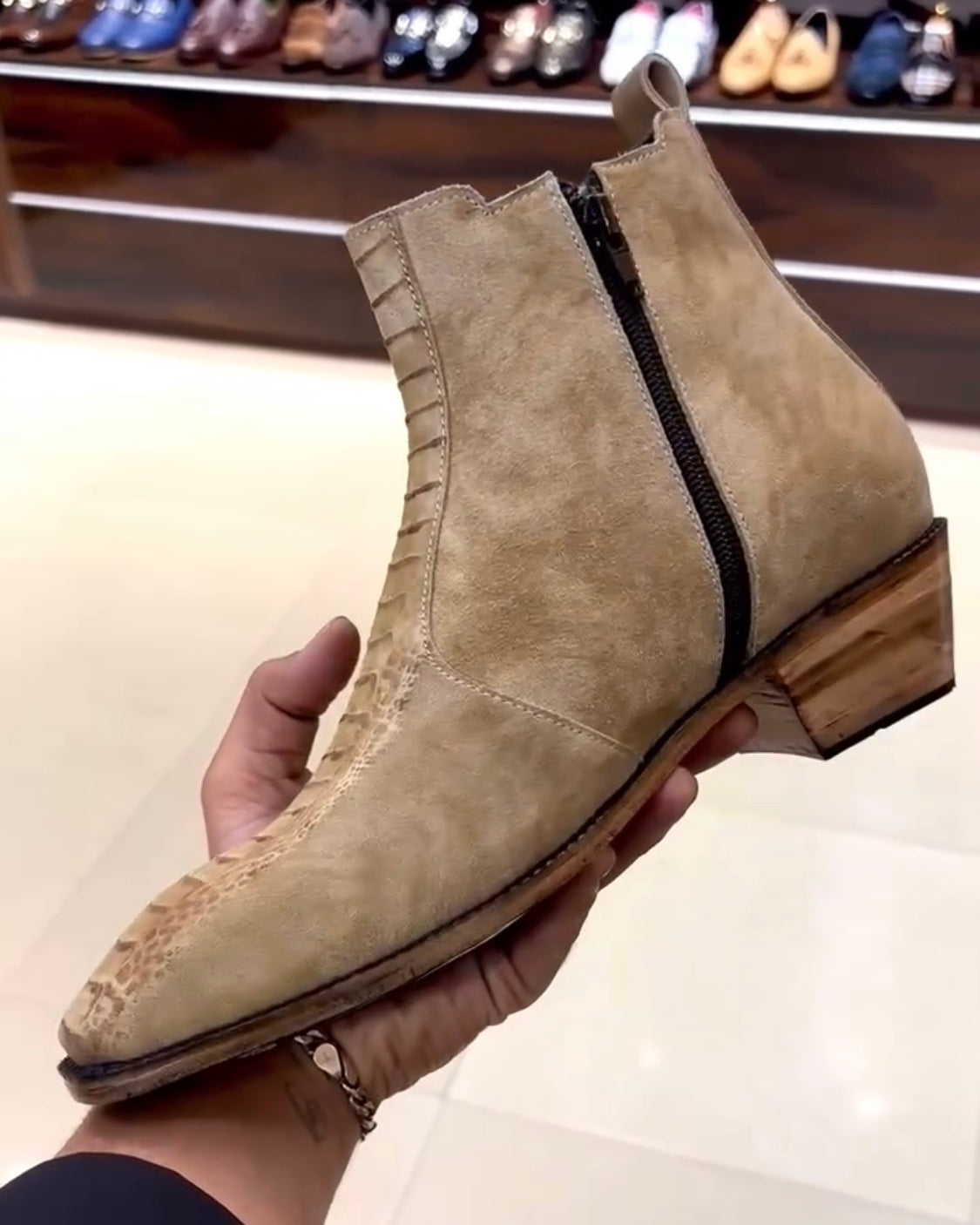 Ostrich Leg Scaled Suede Zipper Boots with Cuban Heel