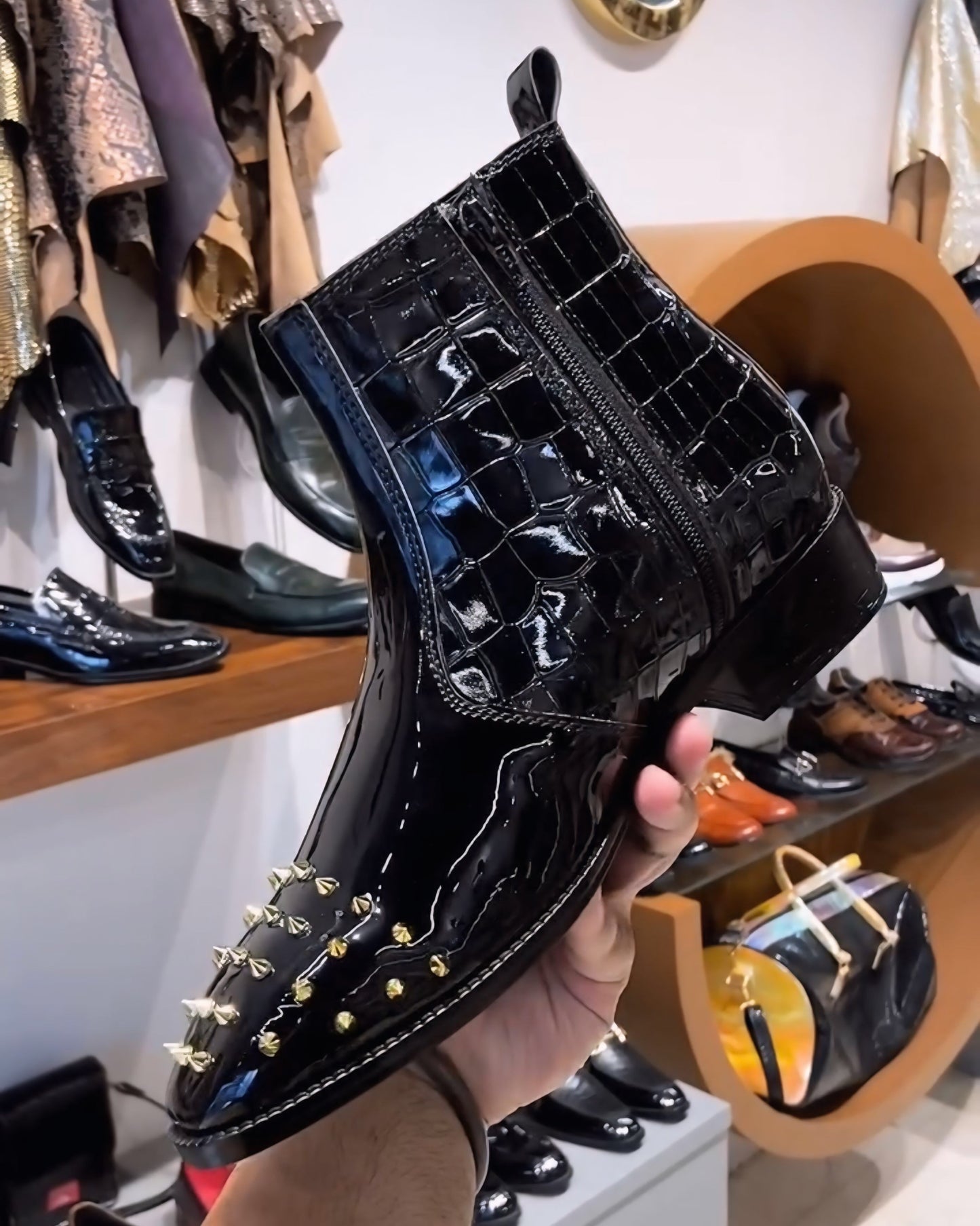 Luxe Edition Patent Croco Studded Toe Zipper Boots