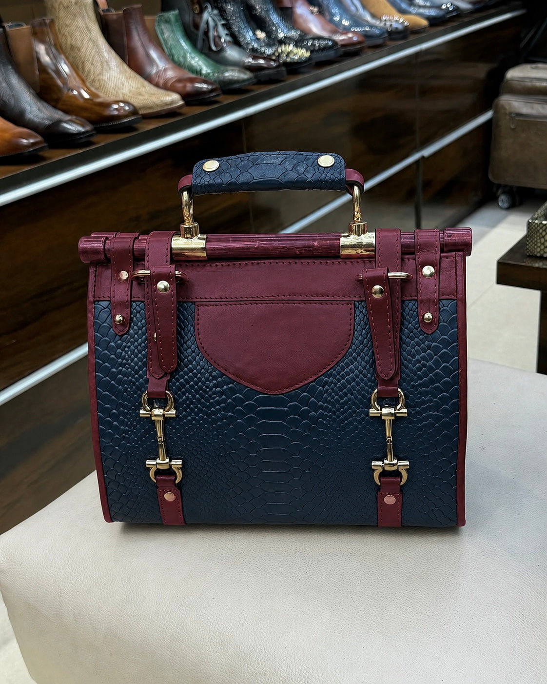 Navy Blue And Burgundy Handbag