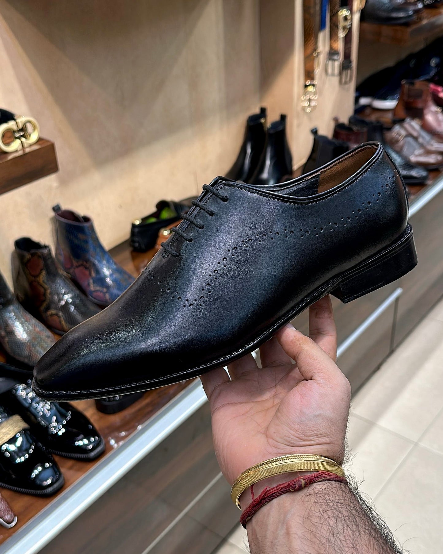 Black Italian Leather Whole-cut Oxfords with Broguing Details