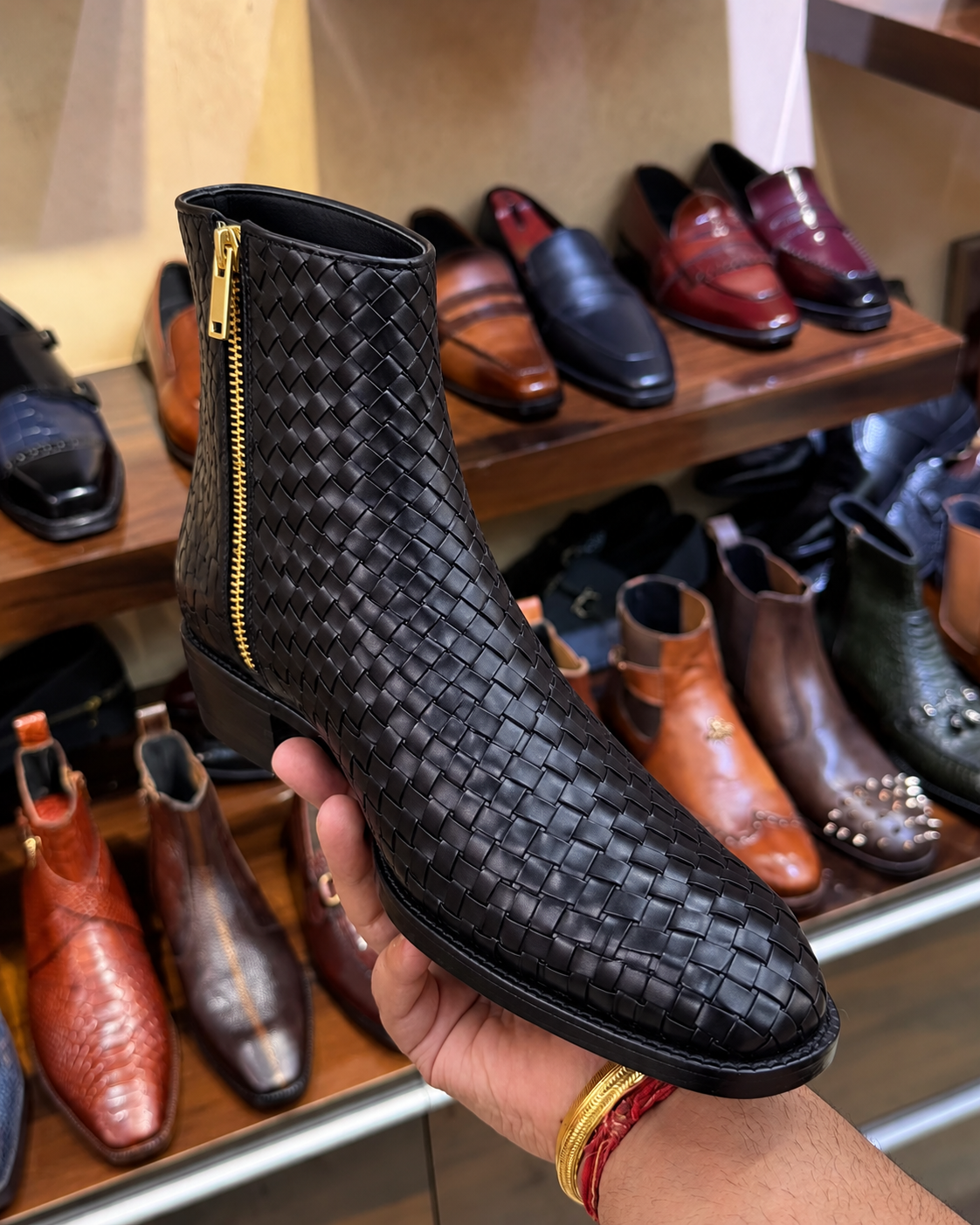 Black Hand-woven Leather Zip Boots With Cuban Heel