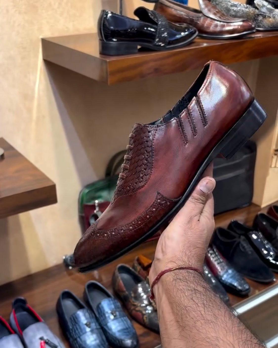 Cognac Patina Cobra Scaled Wing-tip Oxfords