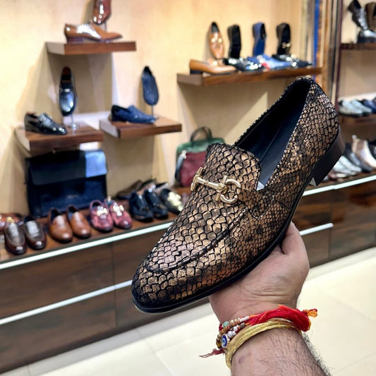 Exotic Gold Snake Foil Loafers with Gold Buckle
