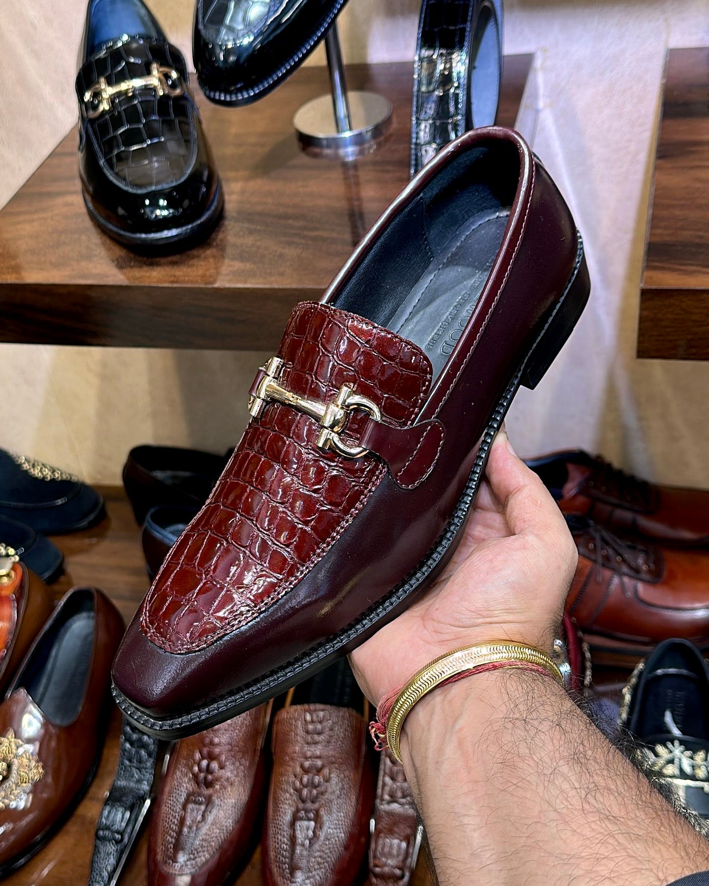 Two-tone Burgundy Croco Horsebit Loafers