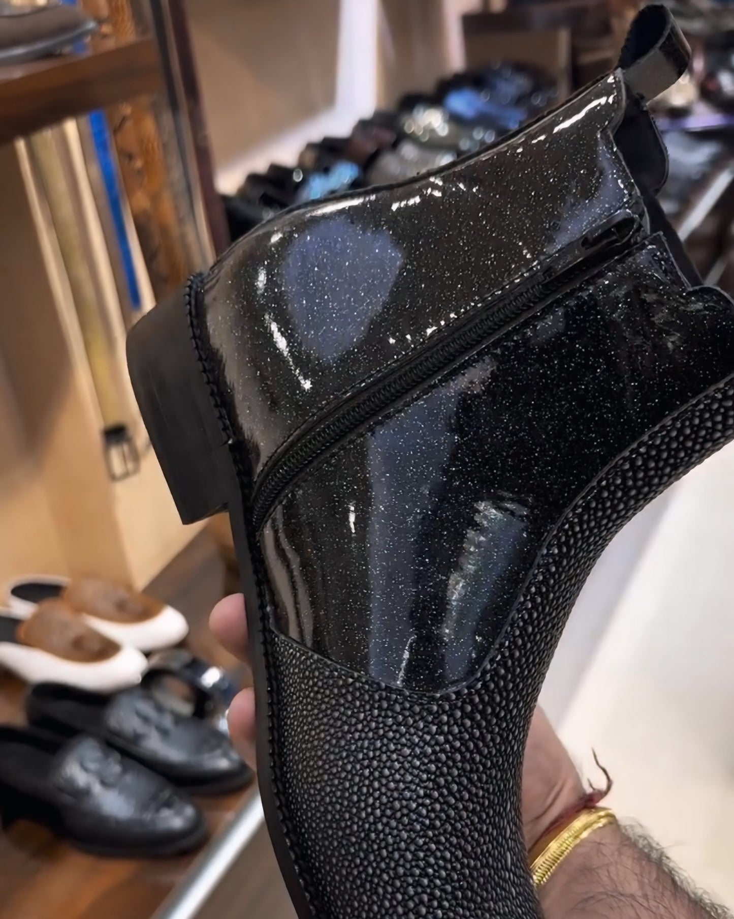 Stingray Fish Skin with Italian Sparkle Patent Leather Boots