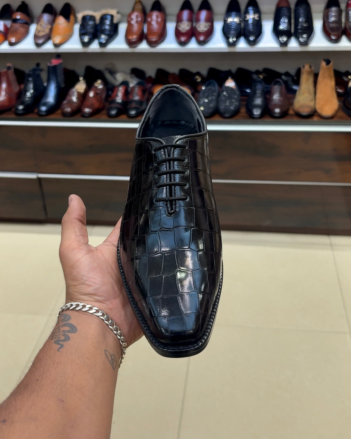 Black Crocodile Scaled Whole-cut Oxfords