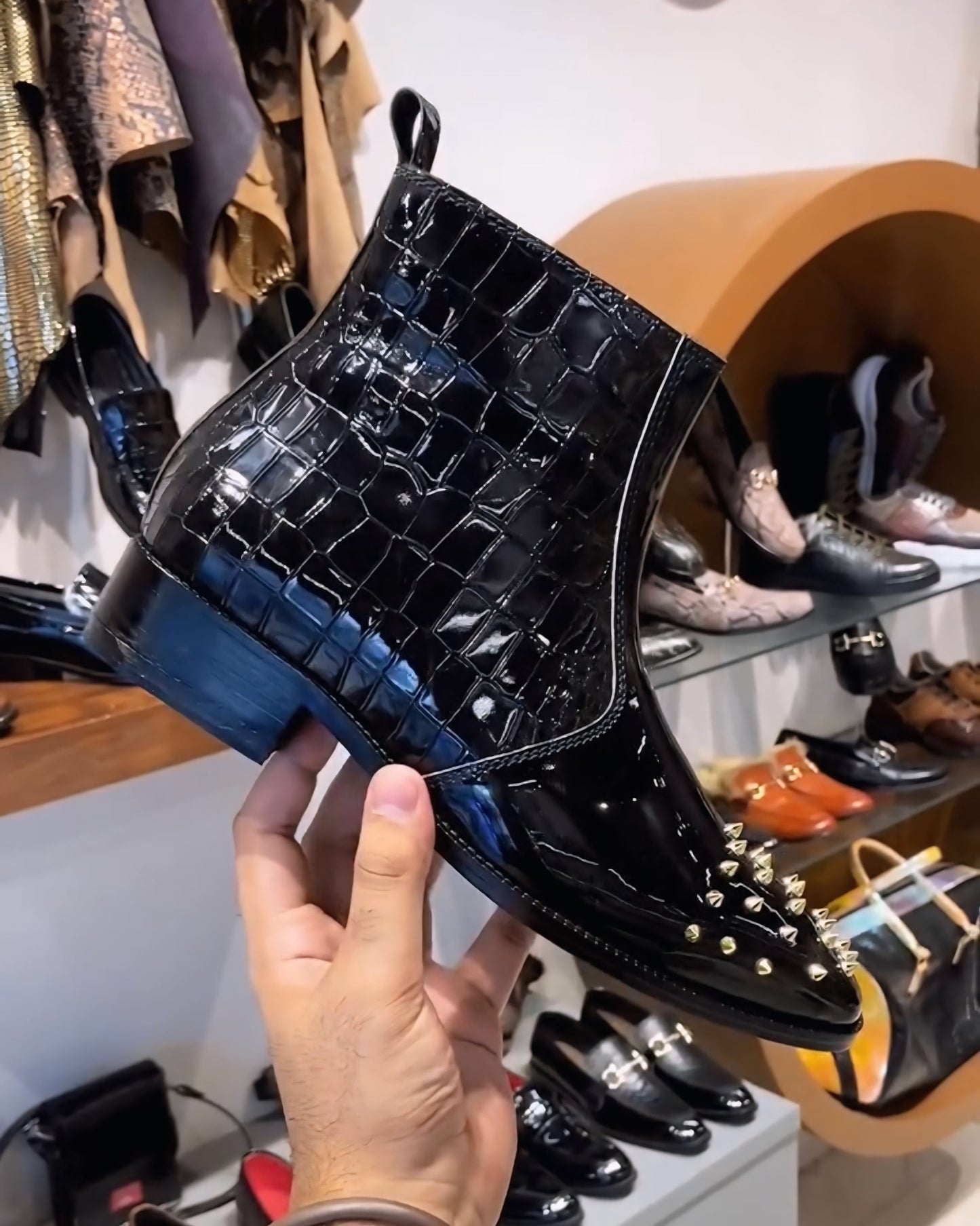Luxe Edition Patent Croco Studded Toe Zipper Boots