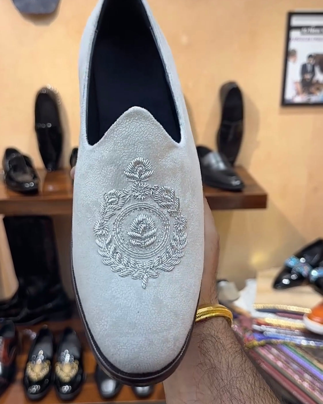 Off-white Suede Mojaris with Brown Wood Sole