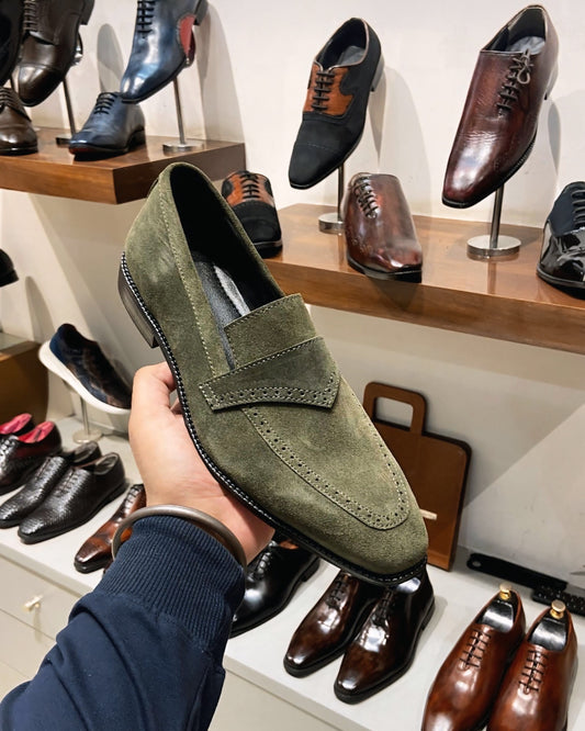 Olive Suede Quarter Brogue Moccasins