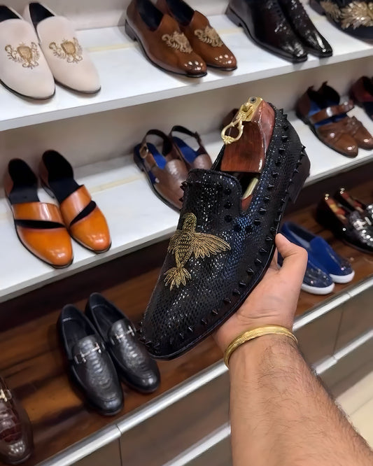 Signature Snake Foil Studded Bird Embroidery Slip-ons