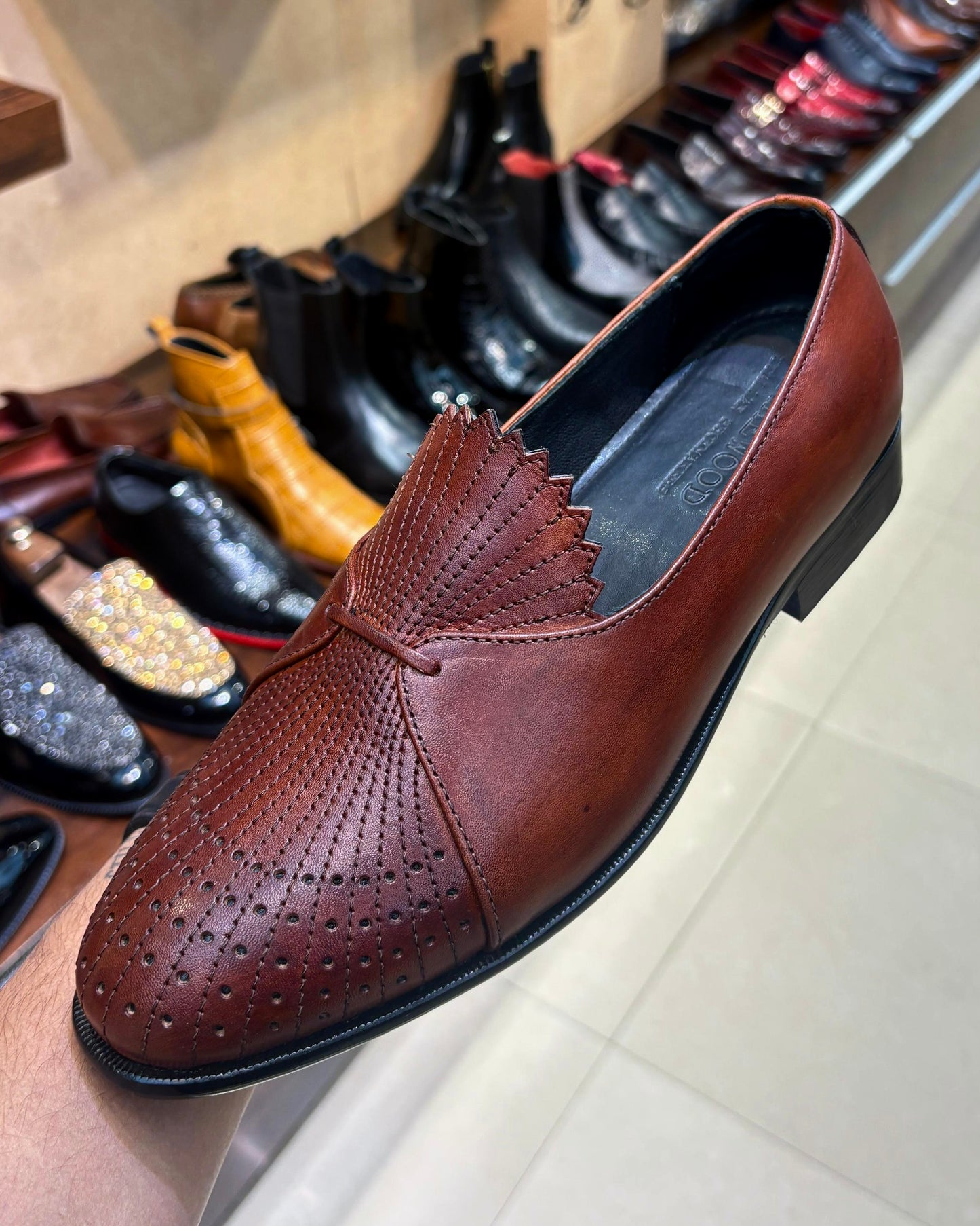 Cognac Tan Patina Zig-zag Cut Loafers