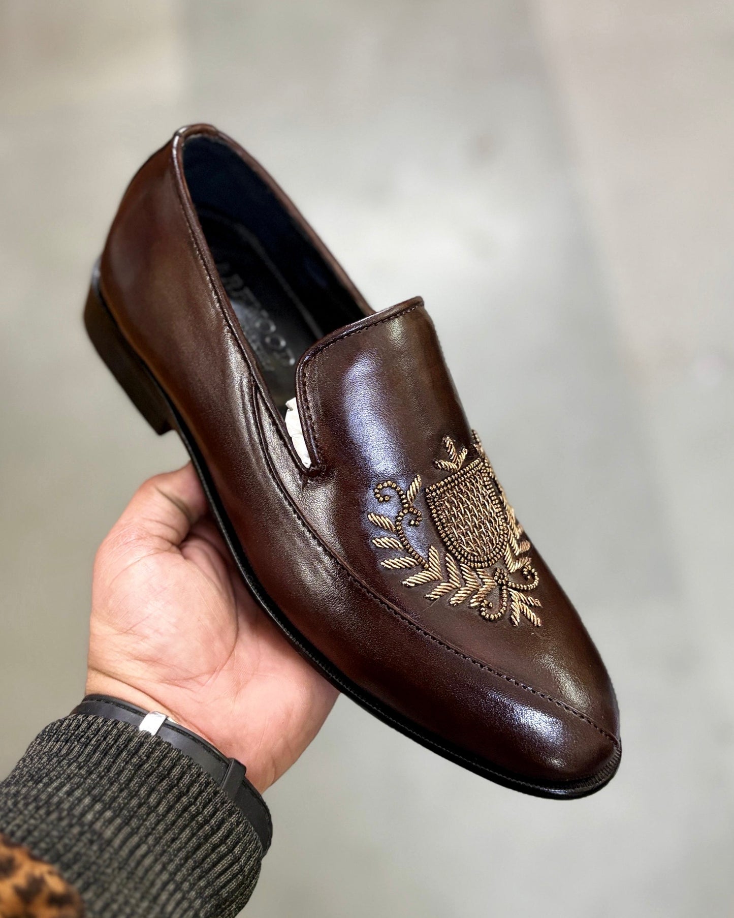 Brown Leather Hand-embroidered Loafers