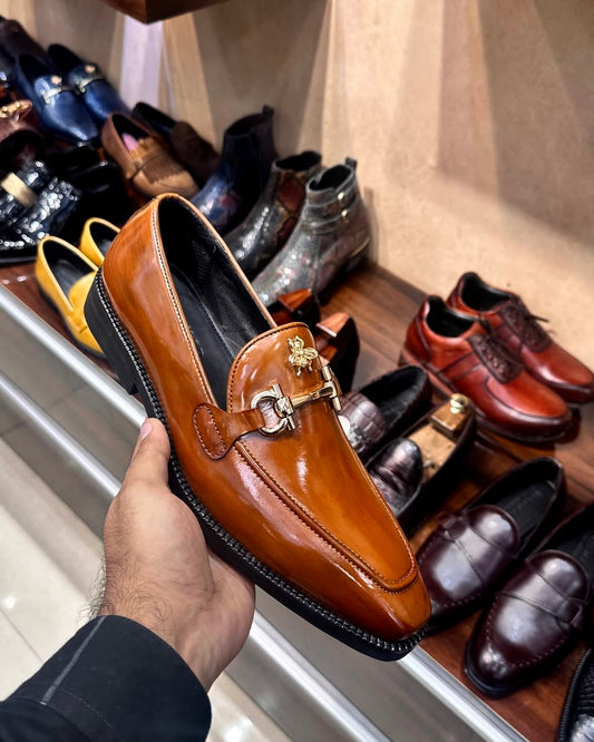 Tan Patina Horsebit Bee Loafers