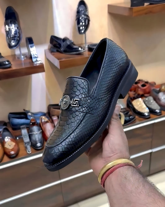 Designer Black Cobra Scaled Slip-on Loafers