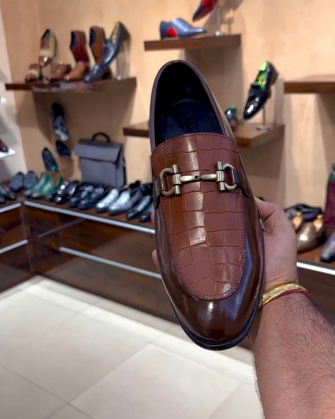 Caramel Brown Crocodile Scaled Spectator Moccasins