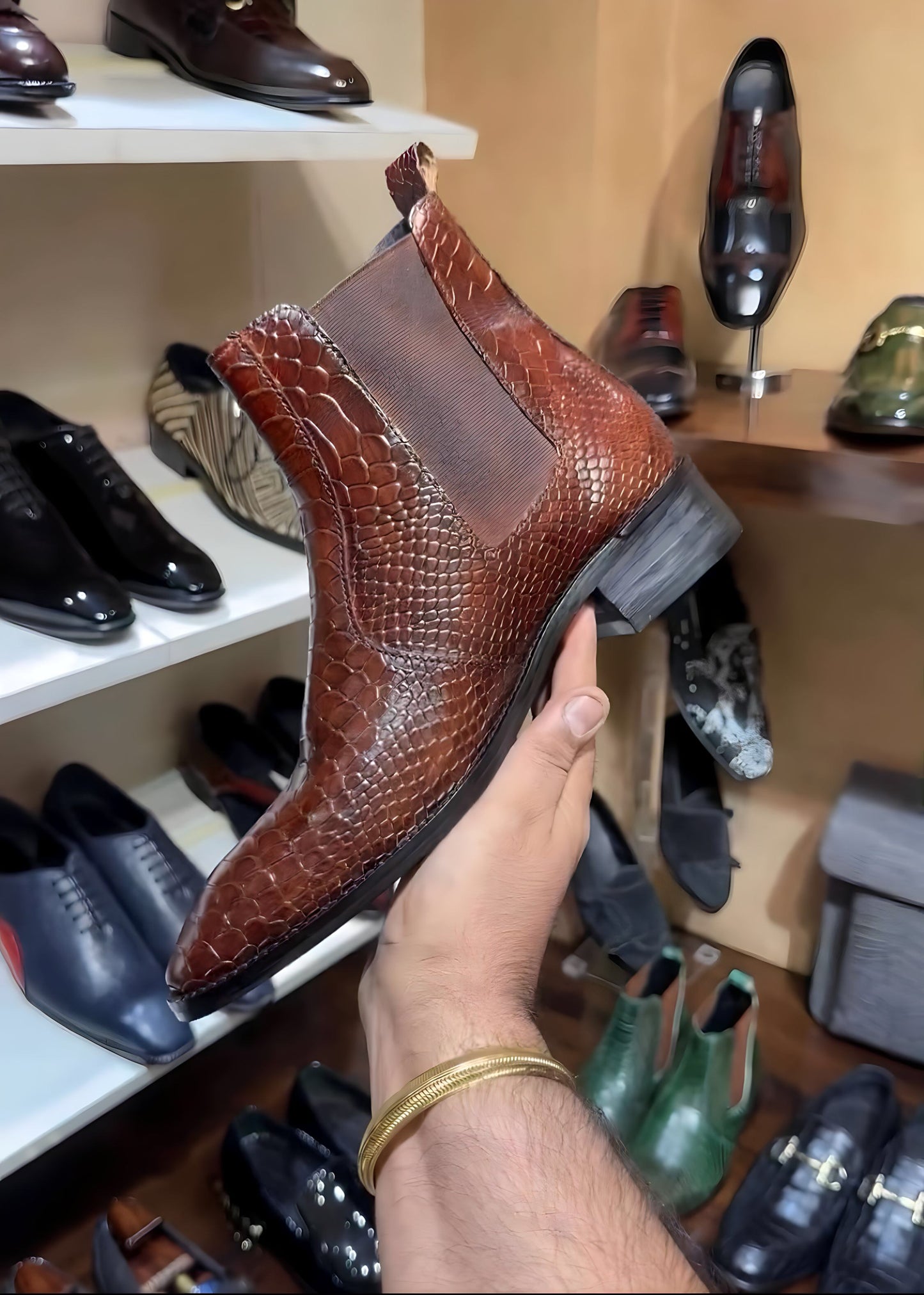 Dark Tan Cobra Scaled Chelsea Boots