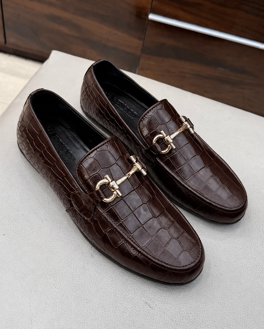 Dark Brown Crocodile Scaled Gold Horsebit Loafers