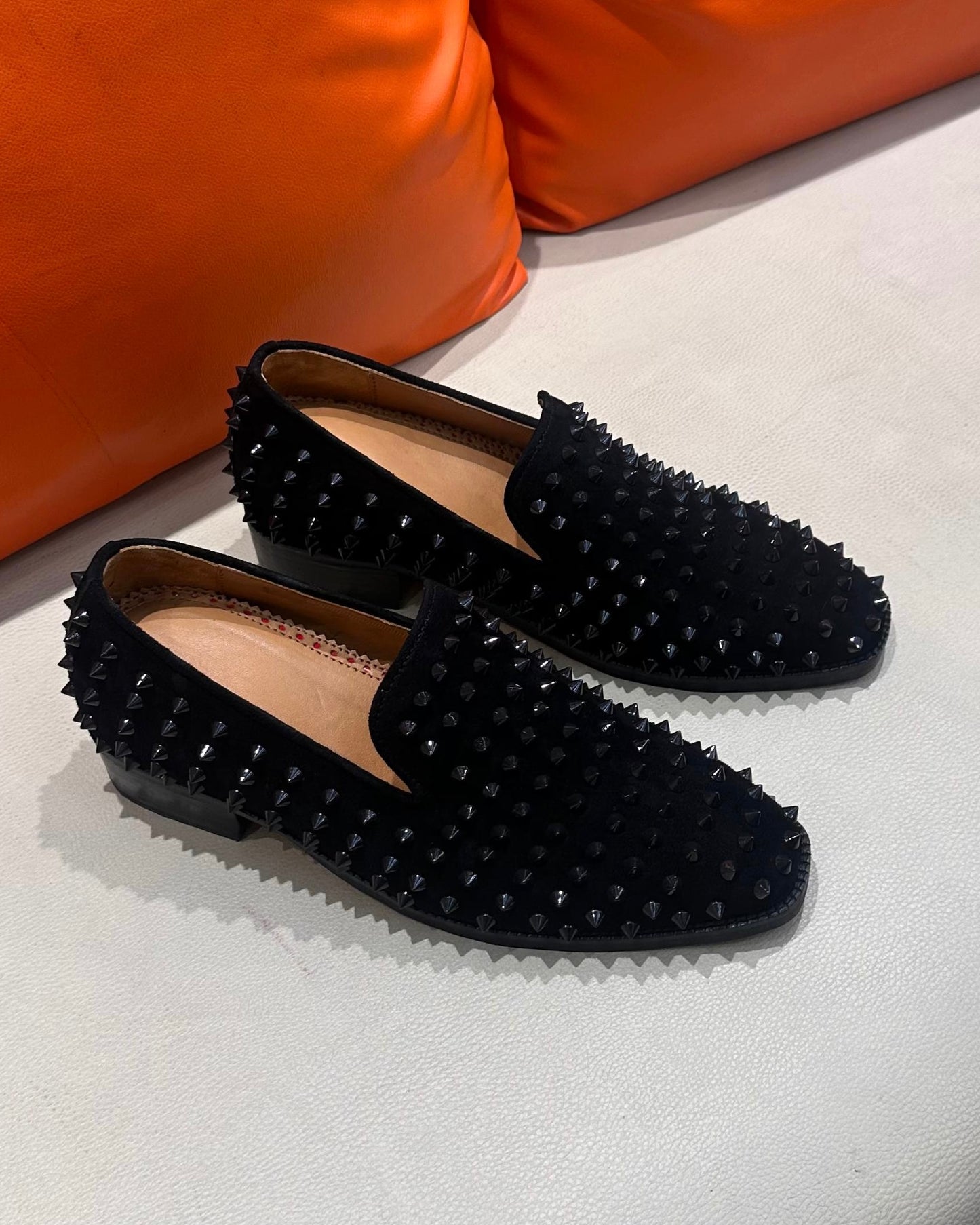 Black Studded Loafers with Beige Lining & Red Bottoms