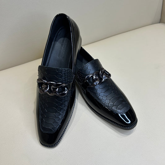 Black Patent Cobra Scaled Moccasins with Gunmetal Chain Buckle
