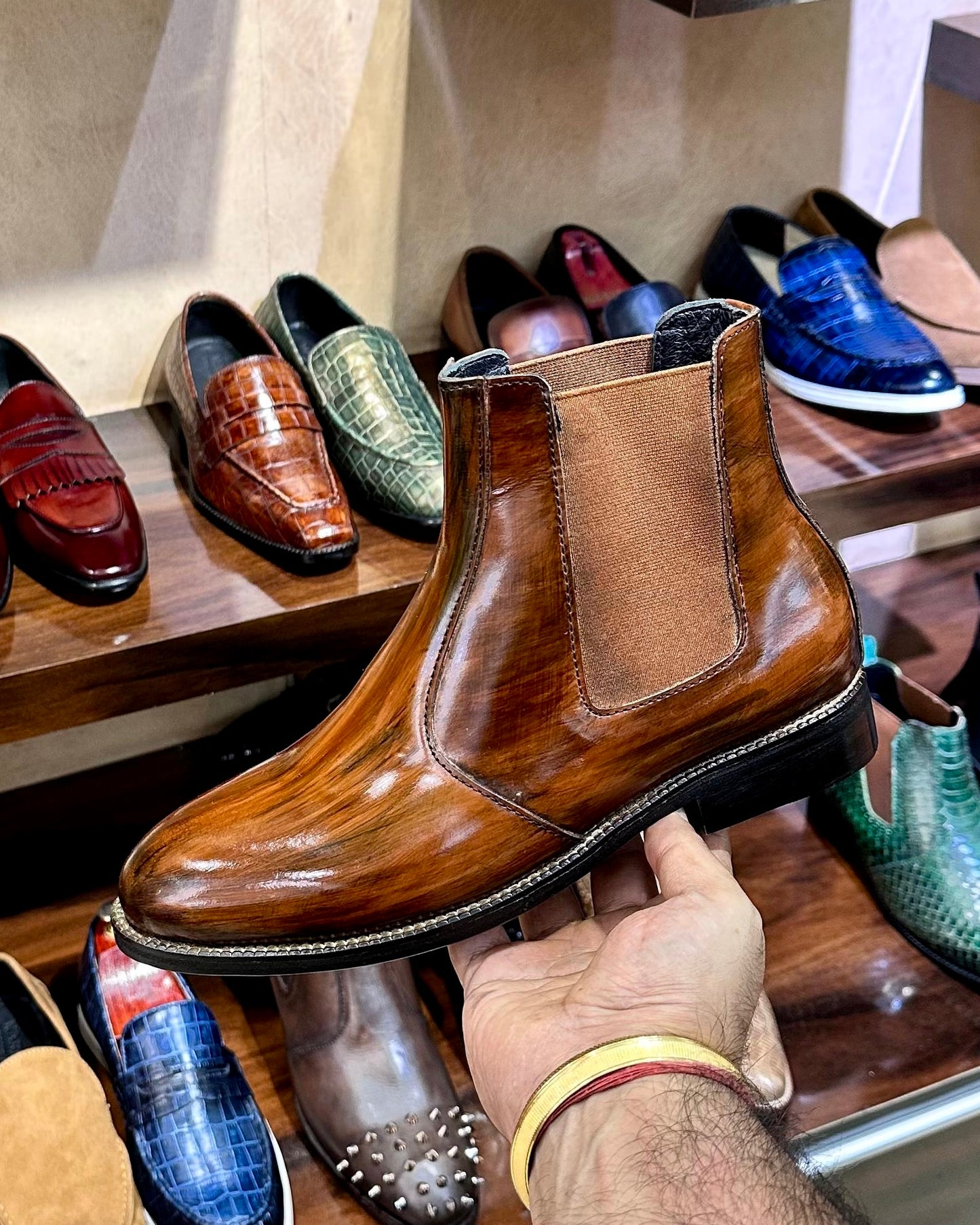 Mirror Gloss Tan-brown Patina Chelsea Boots