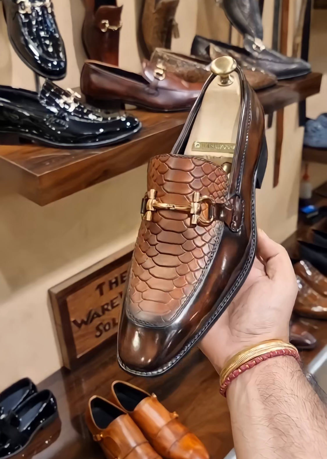 Dark Brown Wooden Finish Cobra Scaled Moccasins