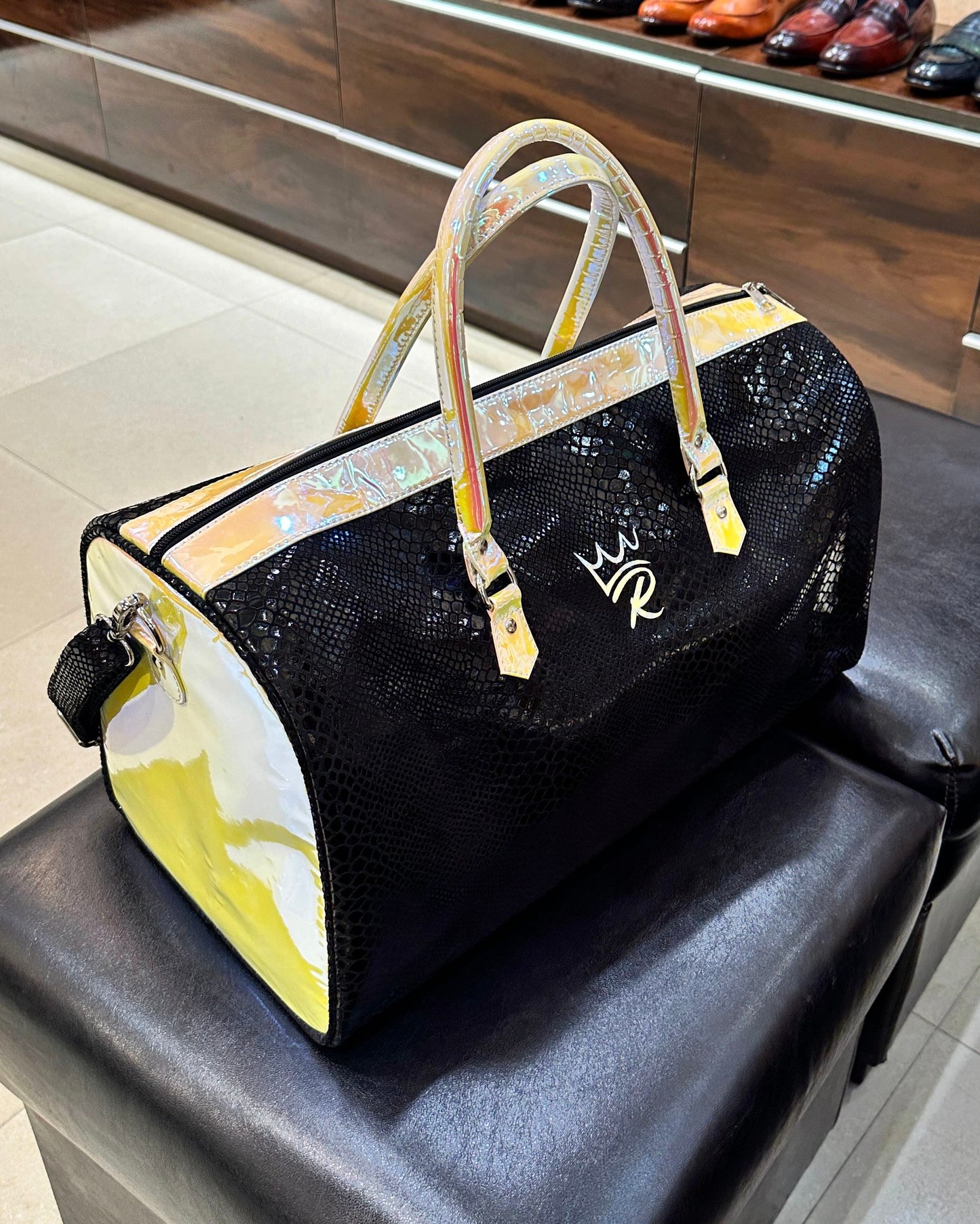 Dual-Tone Black Snake Foil Leather Duffel Bag