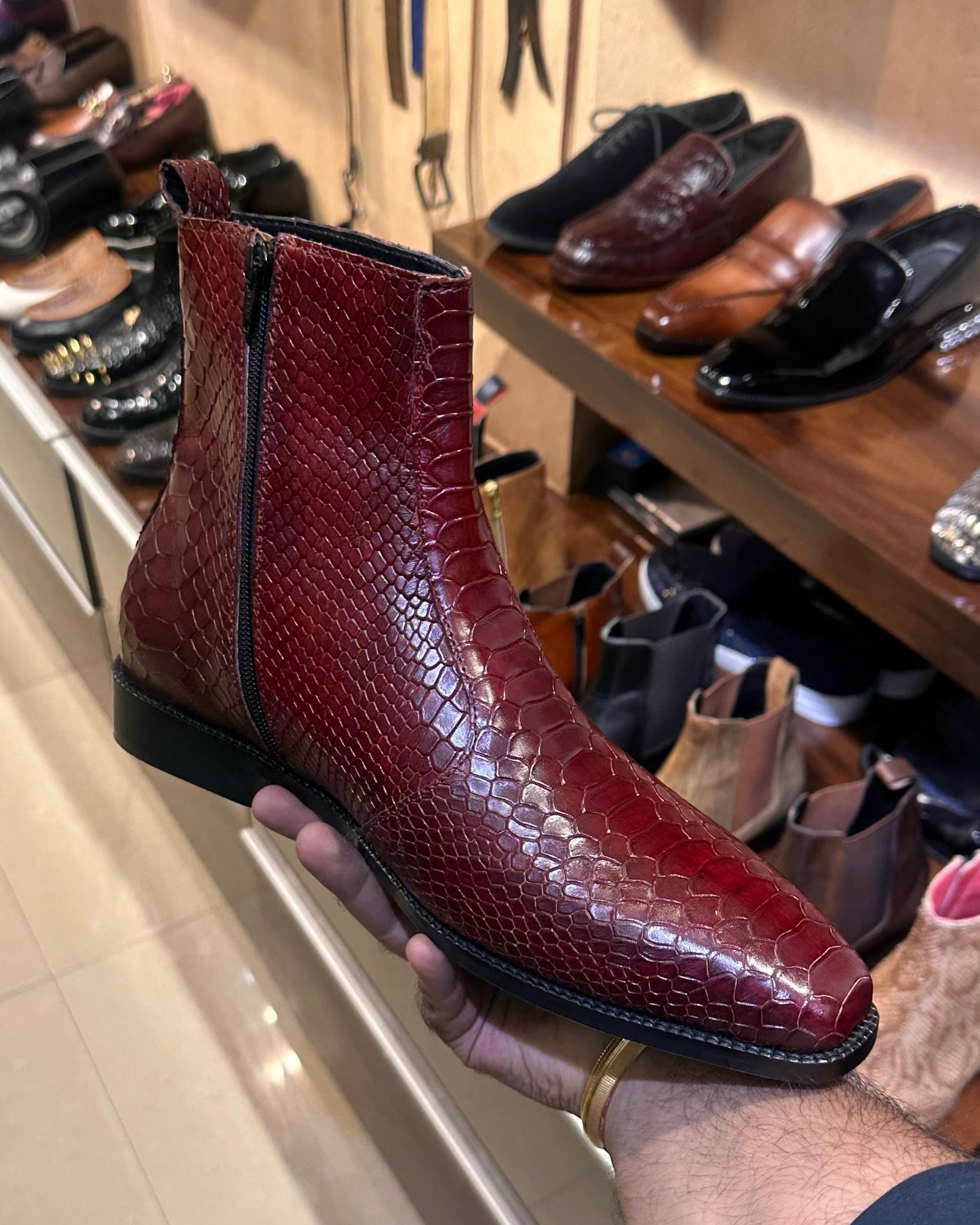 Burgundy Cobra Scaled Zip Boots