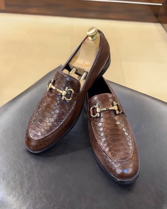 Brown Patina Cobra Scaled Leather Moccasins