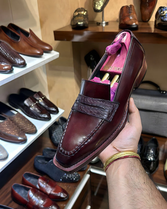 Burgundy Penny Loafers with Crocodile Strap and Hand-made Leather Sole