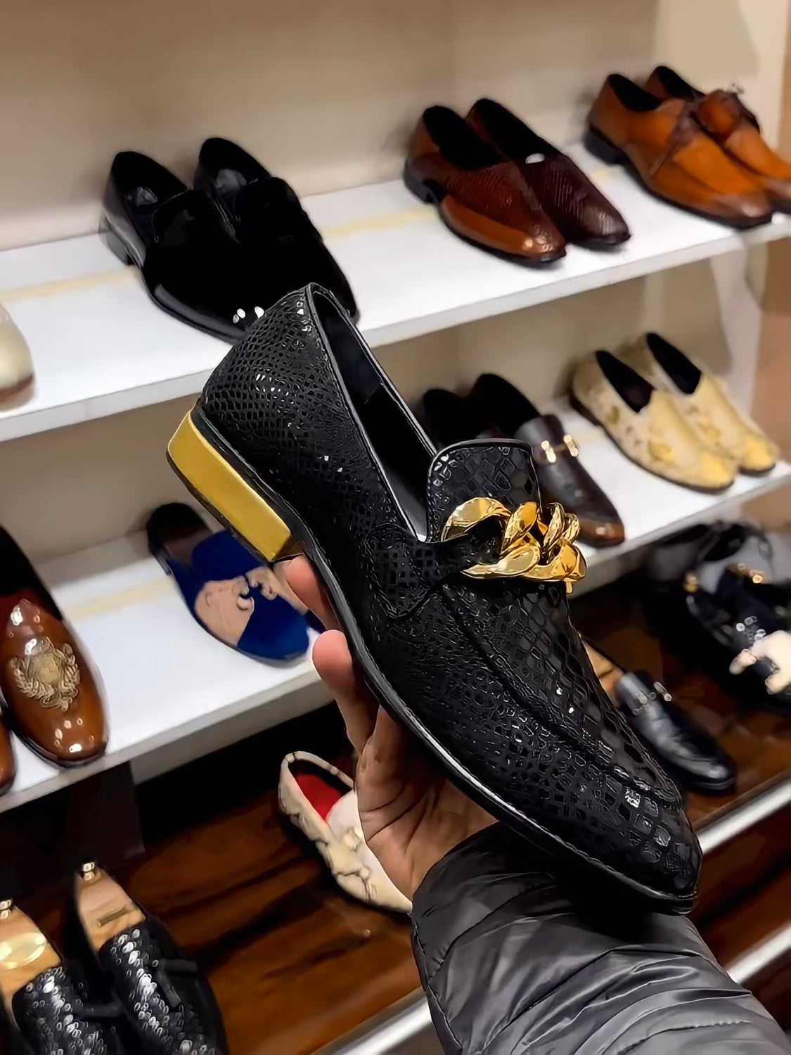 Signature Snake Foil Gold Heel Moccasins with Chain Buckle