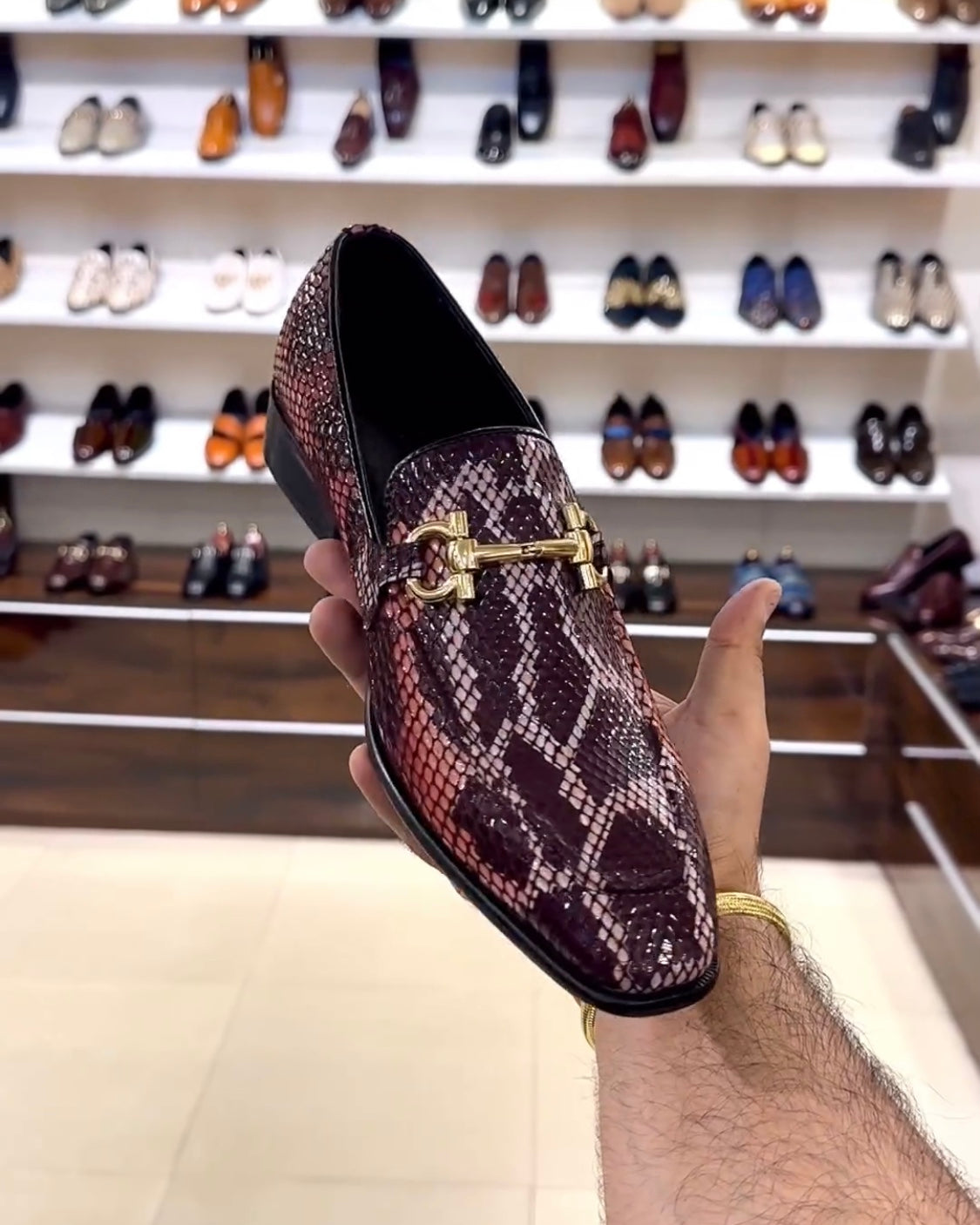 Exotic Mirror Gloss Snake Moccasins with Gold Buckle