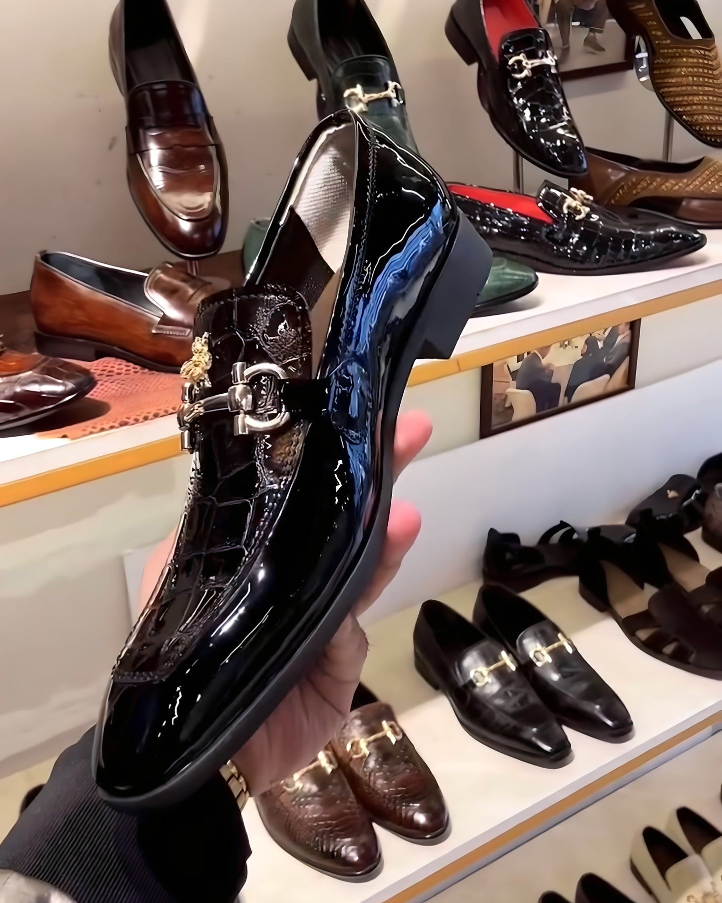 Luxe Edition Smokey Patent Croc Moccasins with Bee