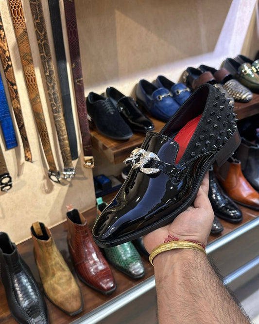 Patent Studded Moccasins with Silver Chain