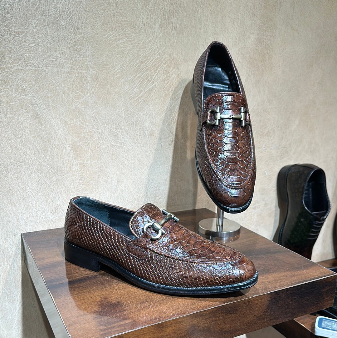 Burnished Brown Cobra Scaled Moccasins with Antique Metal Buckle