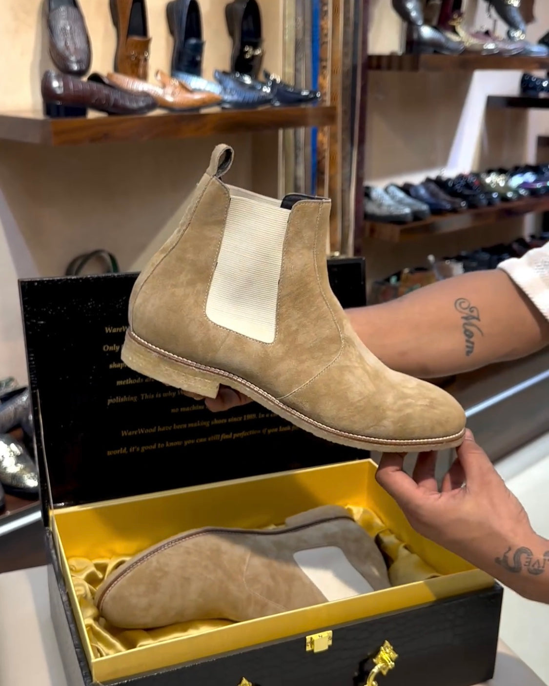 Natural Brushed Beige Suede Chelsea Boots with Wood Sole