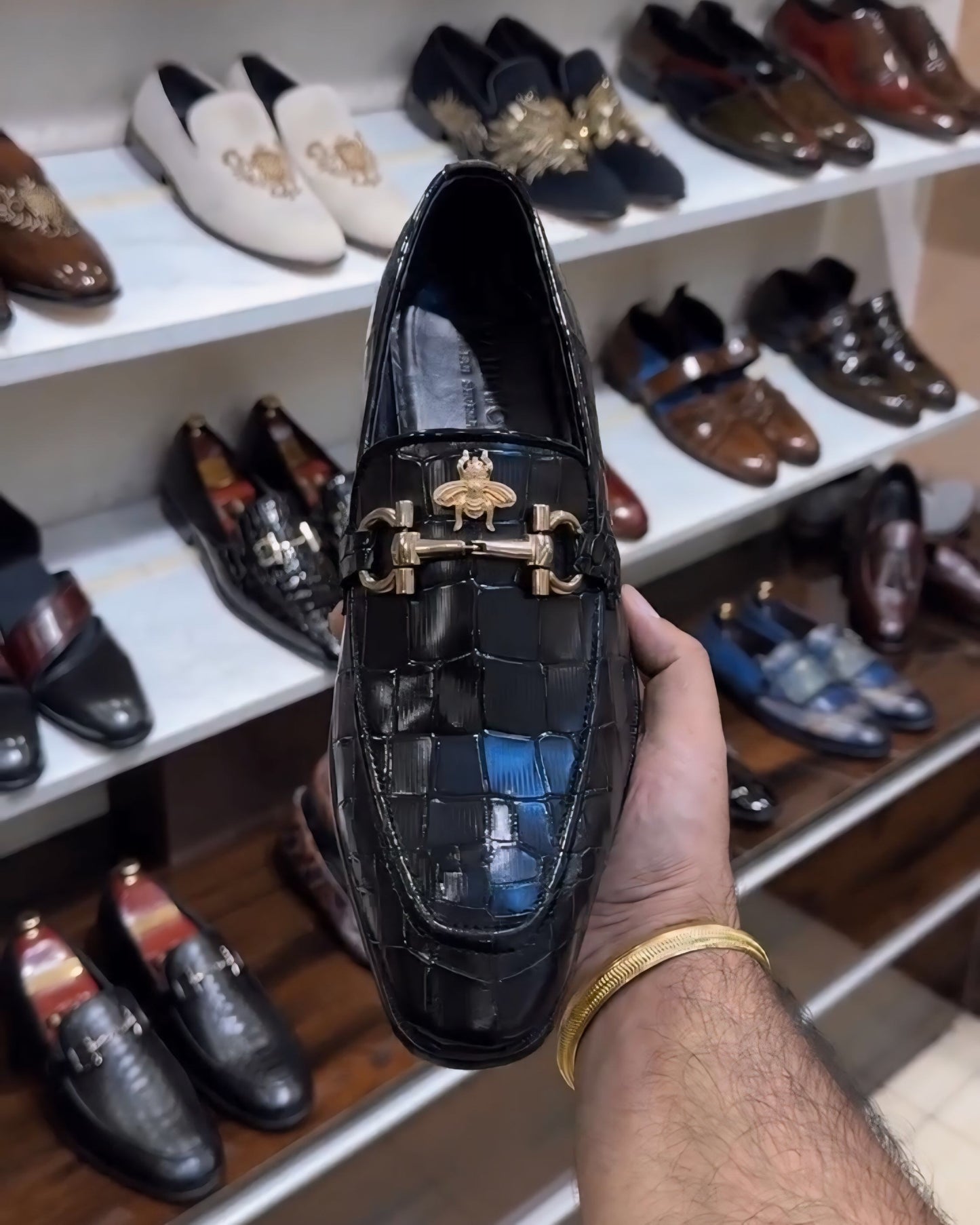 Smooth Crocodile Scaled Moccasins with Bee