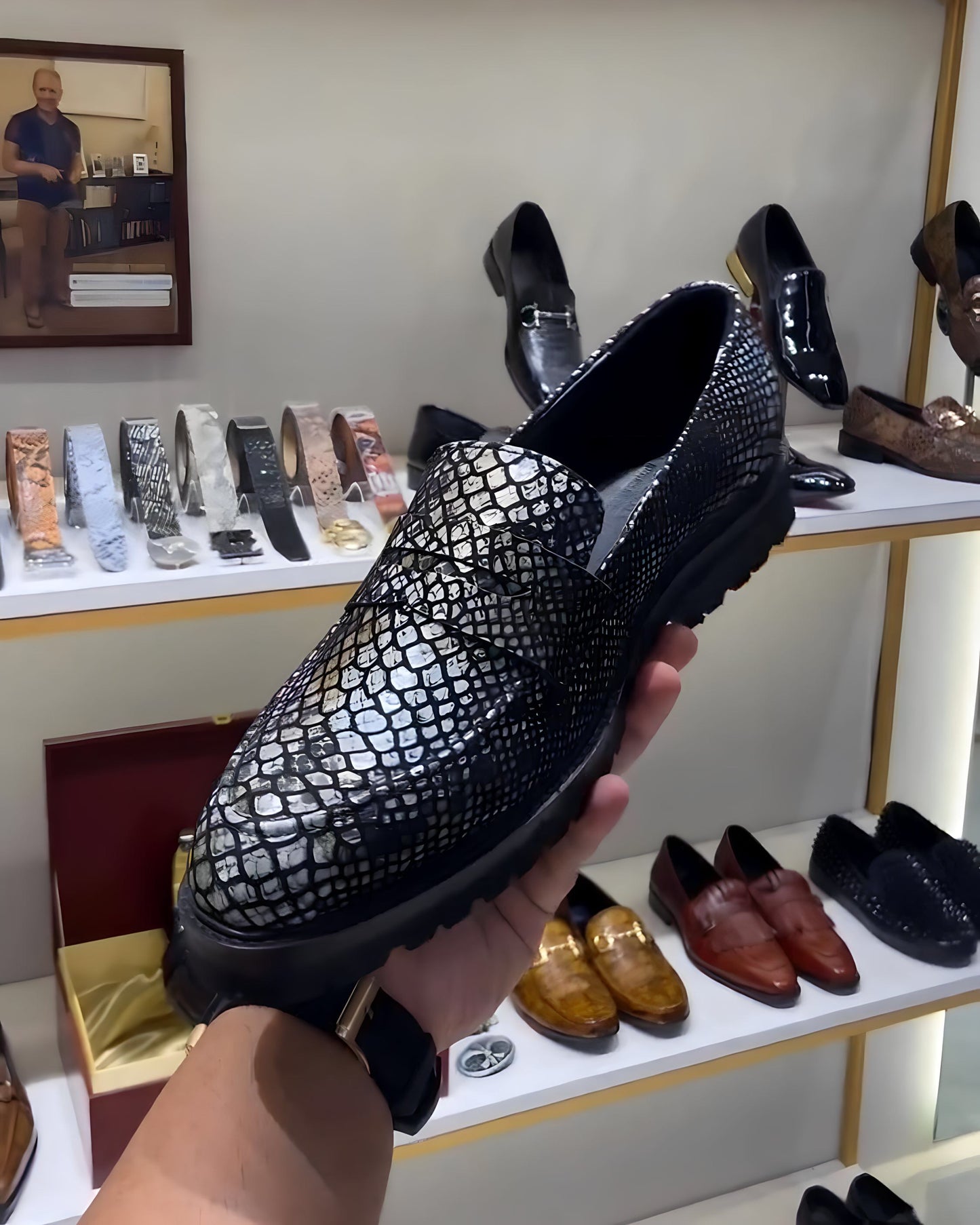 Exotic Grey Snake Foil Boot-sole Penny Moccasins