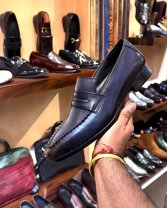 Navy Patina Italian Crust Leather Penny Loafers