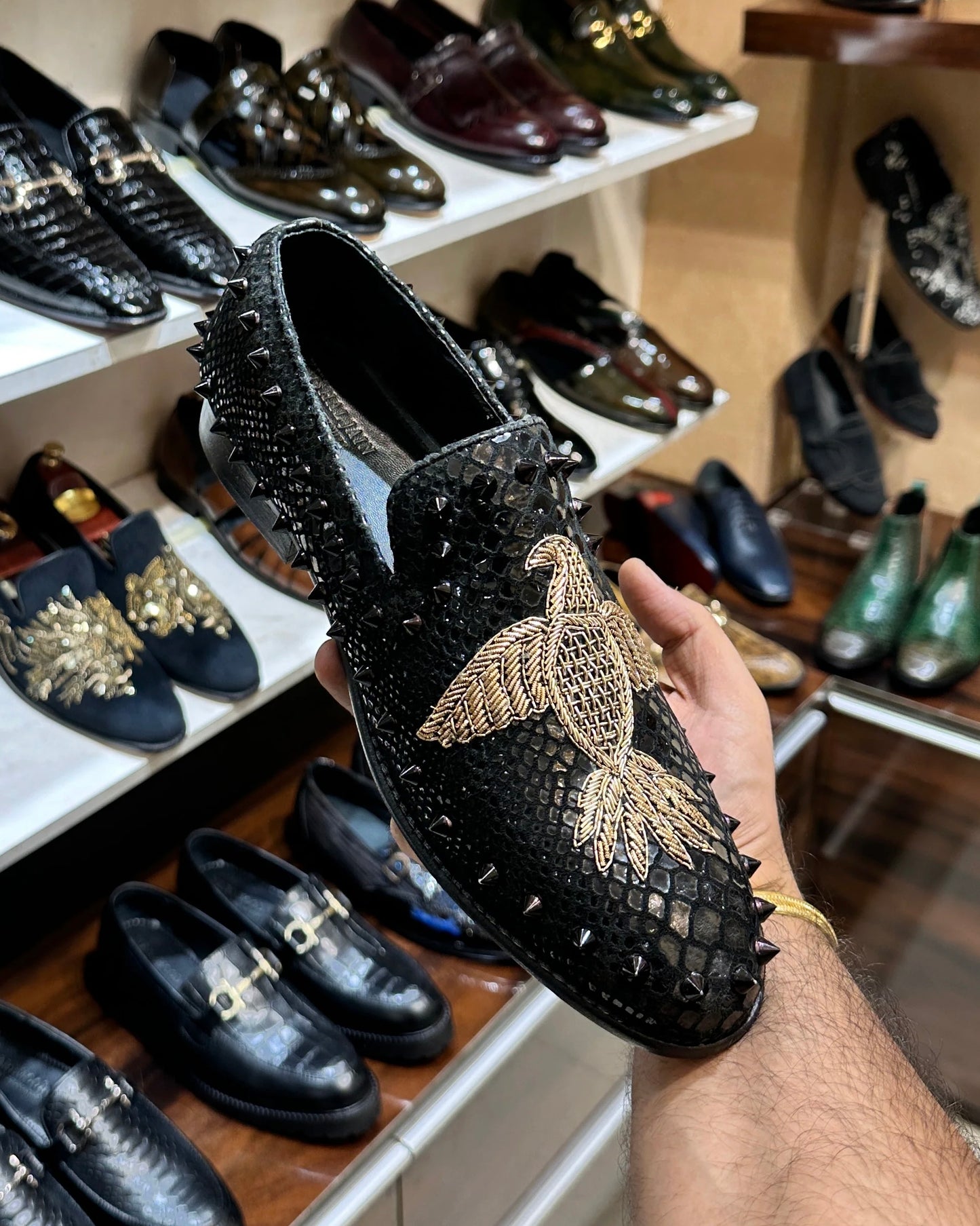 Signature Snake Foil Studded Bird Embroidery Slip-ons