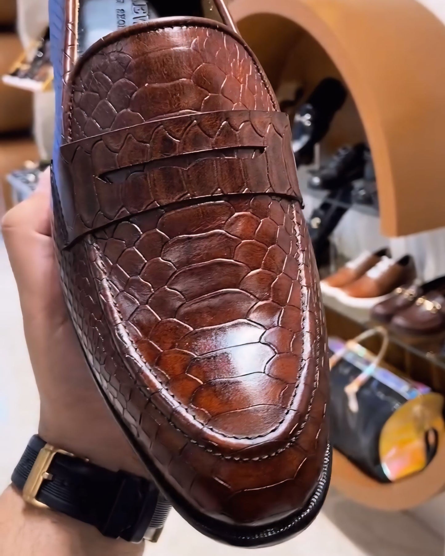 Brown Patina Cobra Scaled Penny Moccasins