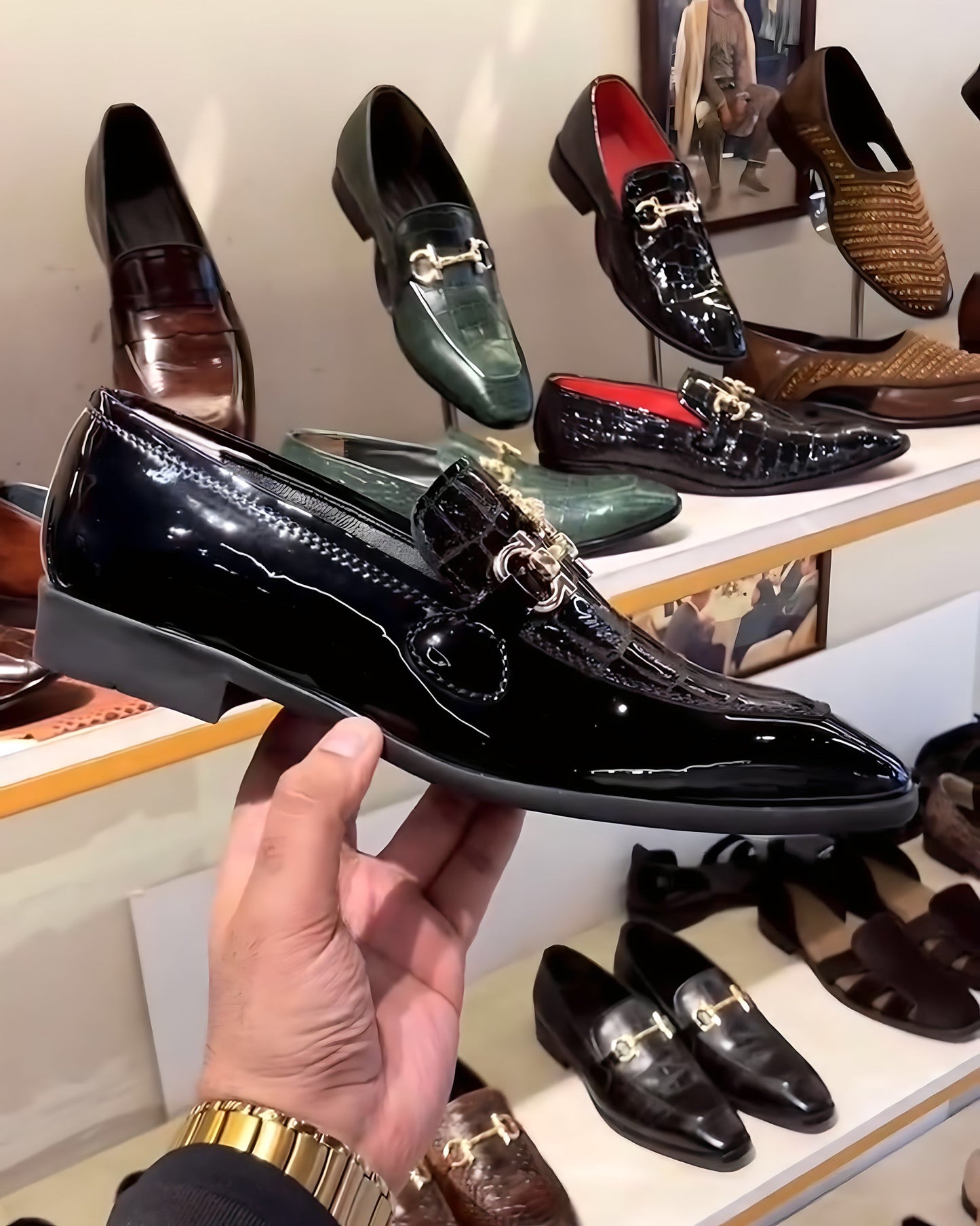 Luxe Edition Smokey Patent Croc Moccasins with Bee