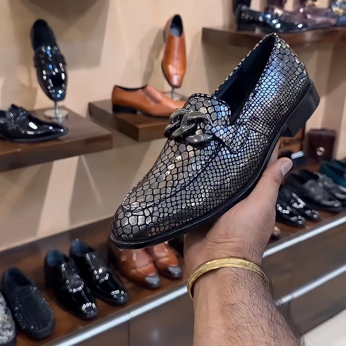 Exotic Silver Snake Foil Moccasins with Silver Chain Buckle