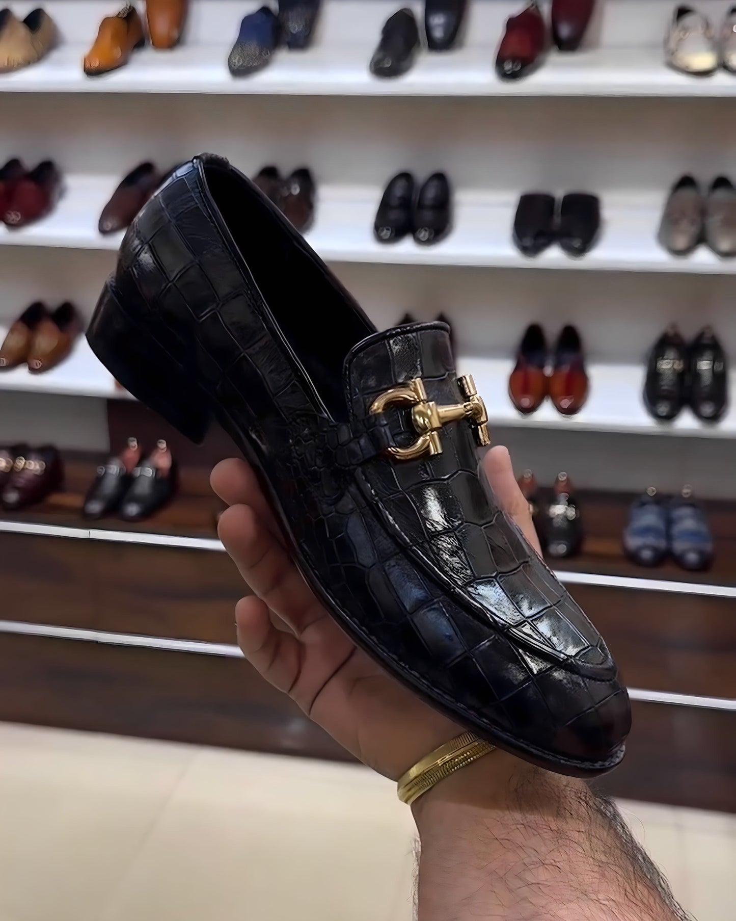 Smooth Black Crocodile Leather Loafers with Gold Buckle