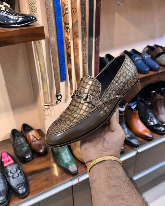 Gold Croc Spectator Moccasins with Antique Buckle