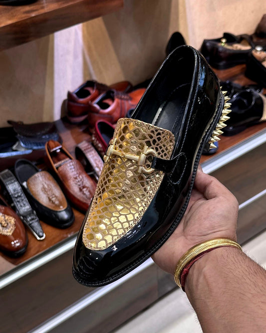 Black Patent & Gold Snake Foil Studded Heel Loafers