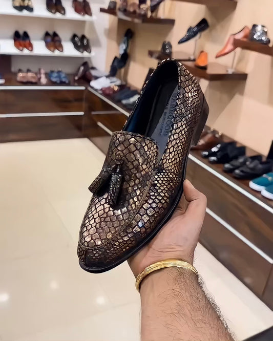 Exotic Gold Snake Foil Tassel Moccasins