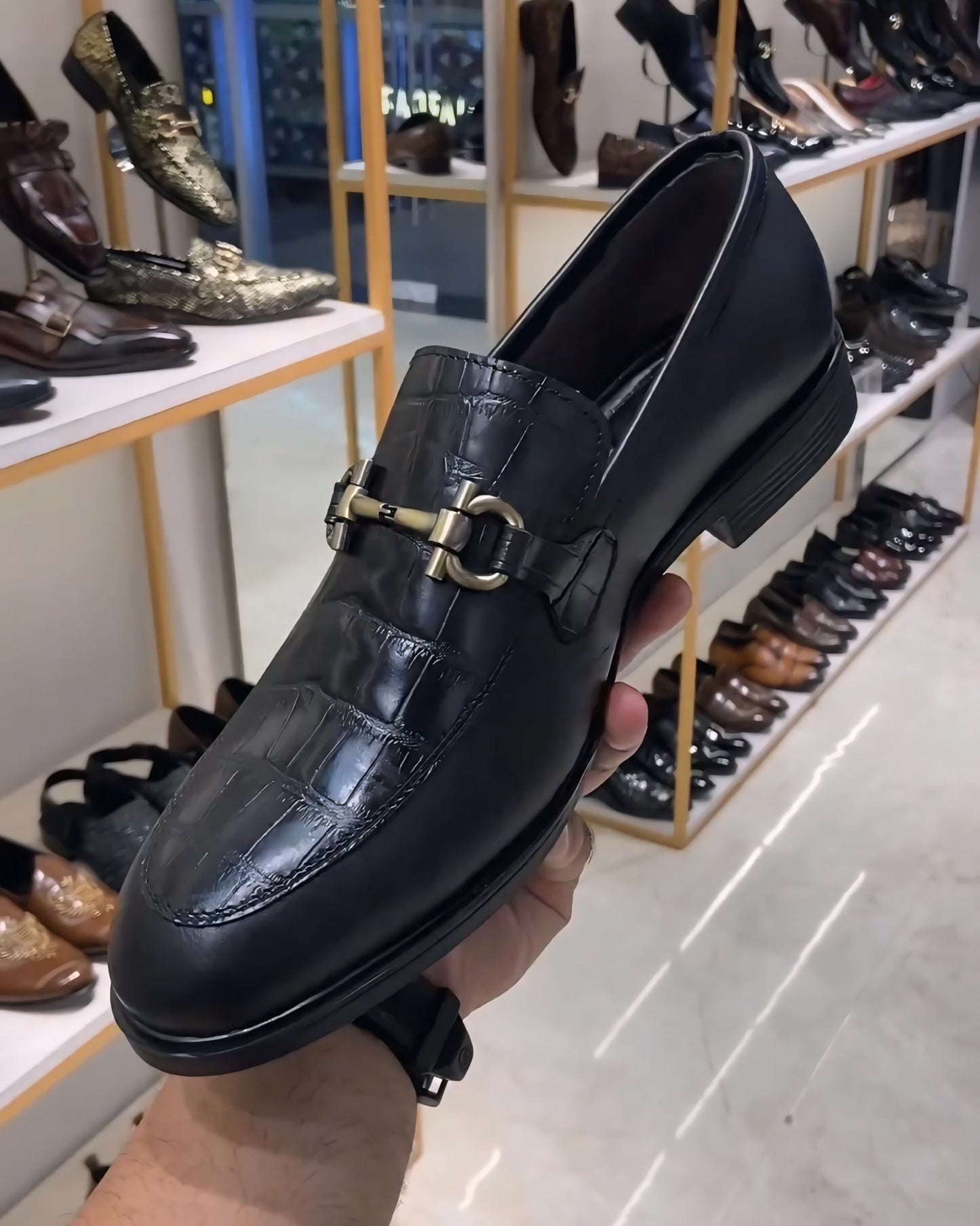 Matt Black Croc Scaled Moccasins with Rubber Sole