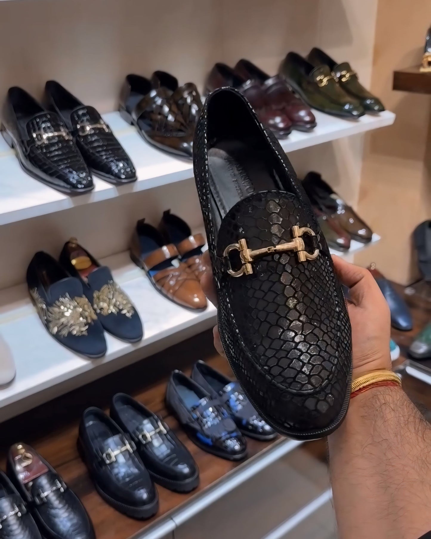 Signature Black Snake Foil Round Toe Moccasins